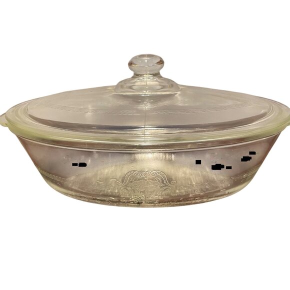 Vintage Glass Casserole Dish With Lid Embossed Floral Design - Picture 1 of 12